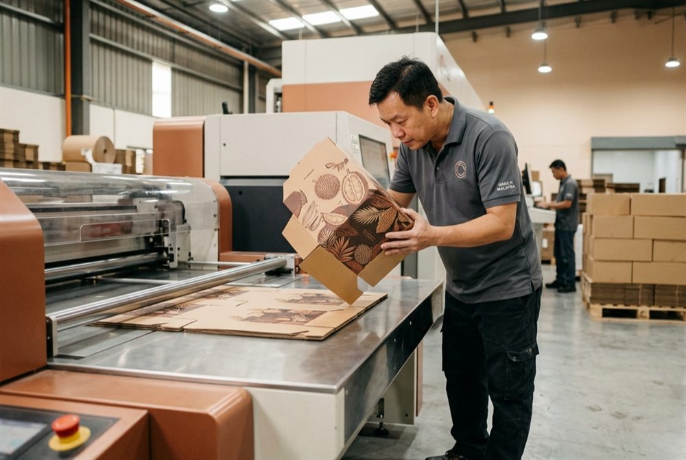 Box One worker inspecting a freshly printed kraft box at the plant in Seri Kembangan